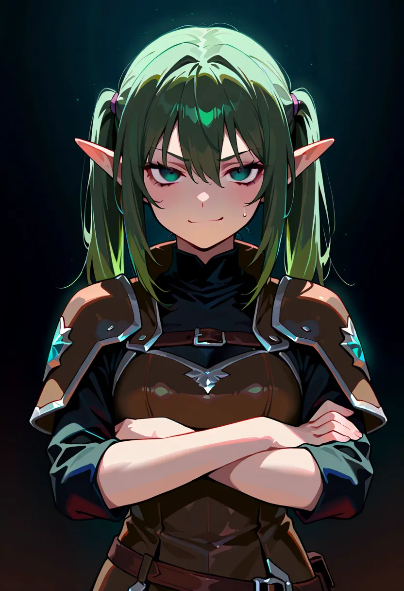 (8k, HD, best quality, intricate details, dark colors, masterpiece: 1.2) smug mature elvish woman with dark green hair, turned away, staring at viewer, elf ears, disheveled, sweating, smirking BREAK ((medieval ranger outfit)), crossed arms, standing BREAK ...