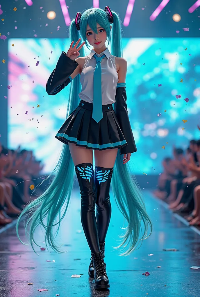 A breathtaking, hyper-realistic, ultra-high-resolution (8K UHD) full-body image of Hatsune Miku standing confidently on a grand cosplay runway stage, fully visible from head to toe. She poses gracefully, slightly angled toward the camera, with one hand res...