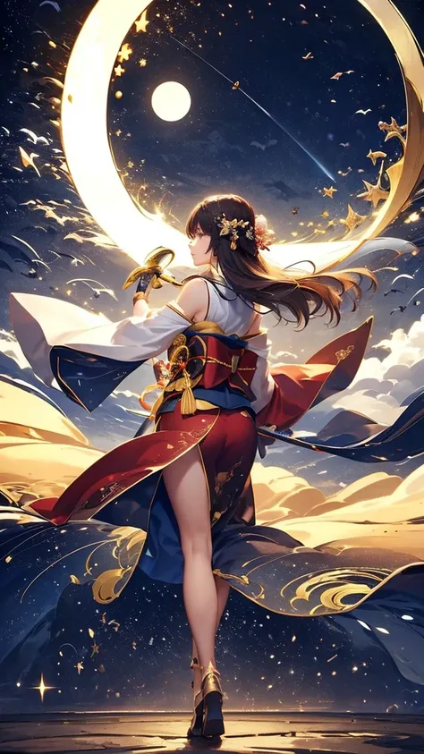 (The big moon shines,a girl looking at the big moon, Glowing Skin, long brown Hair, Soft leather),(8k, Best Quality, masterpiece:1.2, masterpiece,Highly detailed, Very detailed), Vibrant colors, Line art,Full Body Shot,Dance,Fluttery clothes,Countless ligh...