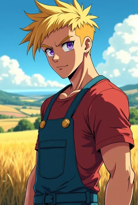 Anime style, young, man, adult, blond hair, extremely short hair, farmer, purple eyes, masculine traits, masculine eyes