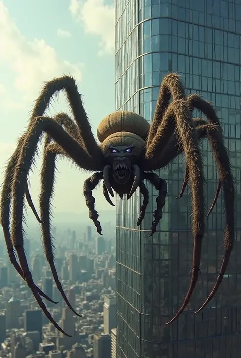 A huge realistic spider next to a skyscraper 