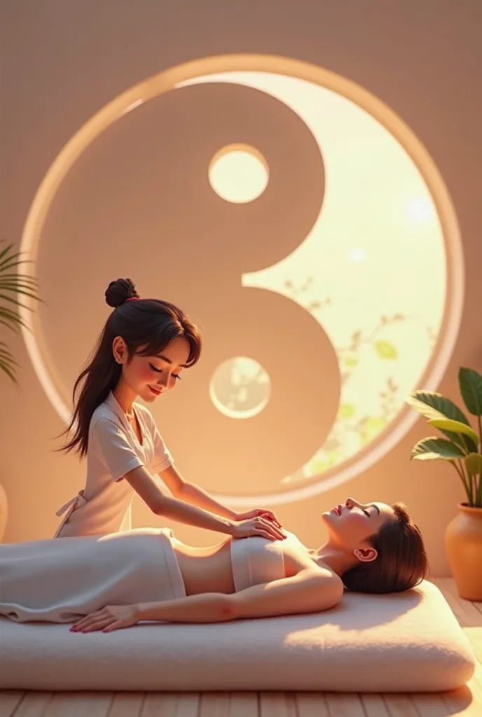 Create the image of a massage therapist attending with a yin yang symbol behind in the designer thinking style