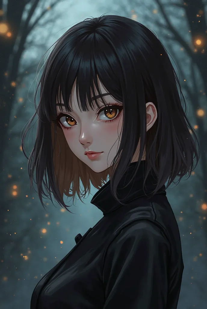 A girl aged 25-23 with medium hair, black and brown, brown eyes slightly dark-colored anime style full length from all angles