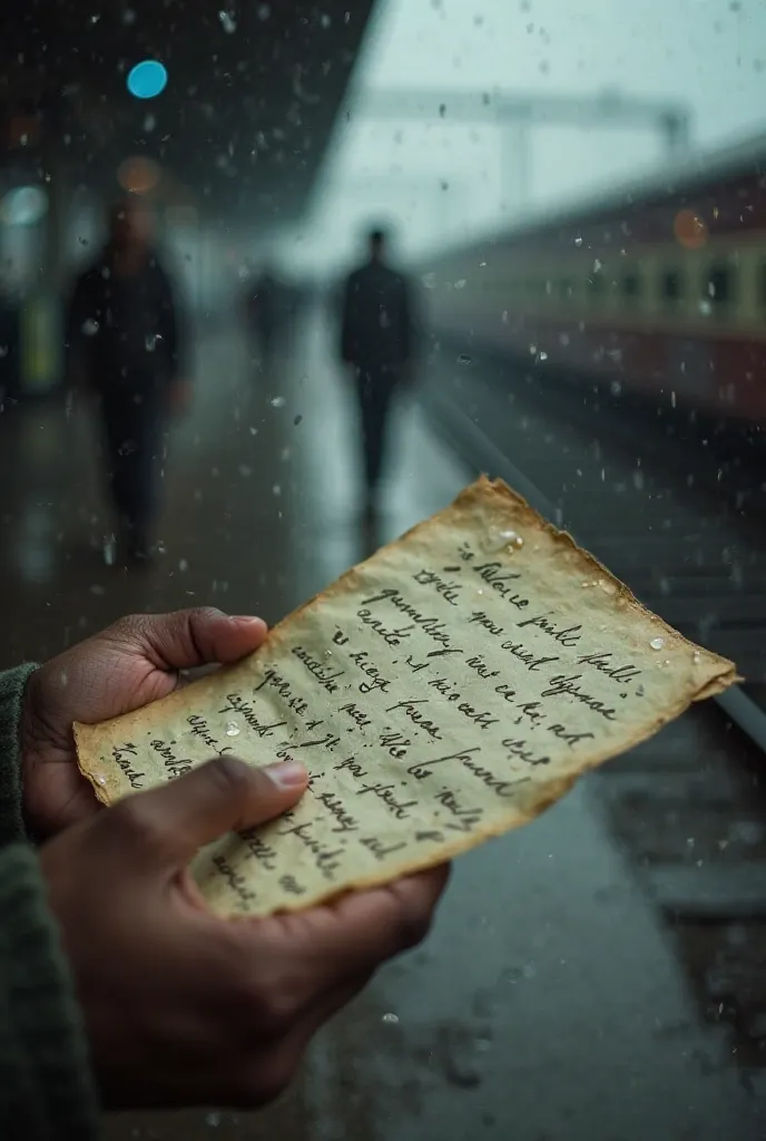 "A close-up shot of an old, slightly yellowed letter with raindrops on it. The letter is held by Raj’s trembling hands, his fingers slightly curled around the edges. The words on the letter are written in neat, slightly faded handwriting. In the blurred ba...