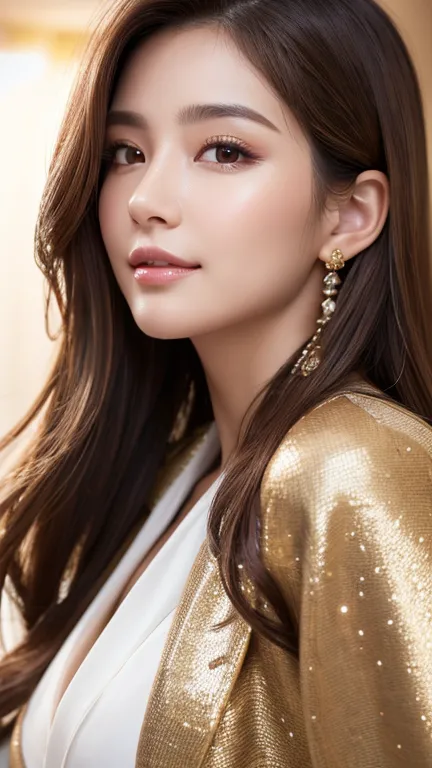 Gorgeous evening jacket：If the dinner is more formal，Can be paired with a gorgeous coat，Velvety、Fur or sequined coat。This、Not only does it enhance the sense of nobility,，Keeps you warm during dinner parties。Face close-up、
Huge 、long brown hair、Shiny, Oily ...