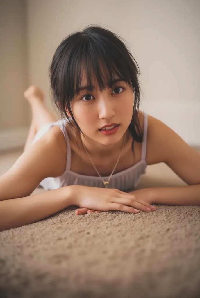 solo focus, worm's eye view, (lying on stomach), bare skin girl, (closed eyes, sad), mouth open, drooling, (fall asleep), nsfw, (((completely naked))), ((ass-up, bare buttocks)), messy hair, soft light, on carpet, topple over, dramatic angle.