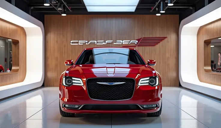  stunning realistic render of a modern 2025 chrysler 300C displayed in a sleek, modern showroom. The car's front view showcases its sleek lines, innovative design, and a sense of speed. The bright sports red of the car contrasts beautifully with the wood b...