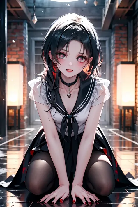 Best Quality, Hi-Res,  Dark Fantasy Art 。

the black sailor suit shakes。I have a girl chained to the cold, damp floor。
the vampire inside her wakes up、the enemy's magic(her heart hasn't fallen:1.4)。
(her vertical dark pupils glow in the dark、she used to be...