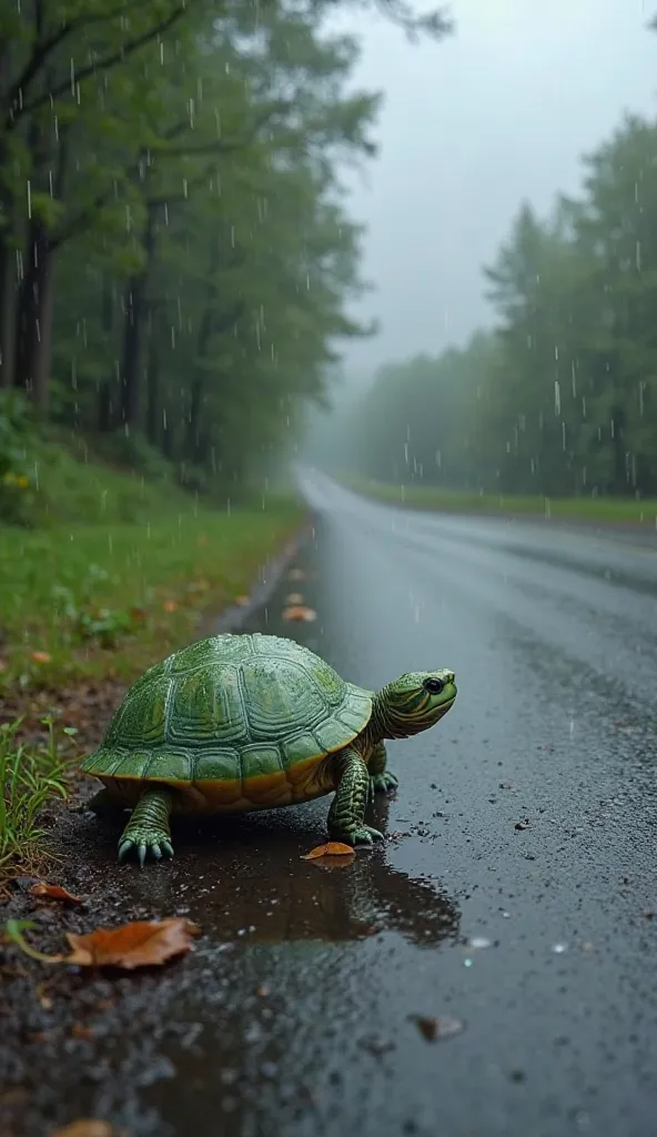 
The rain has just stopped, and the road’s surface appears wet and glossy black. It is a paved asphalt road, with tiny water droplets settled on its surface. Small puddles of rainwater have collected in uneven spots, reflecting the dim light. A thin mist l...