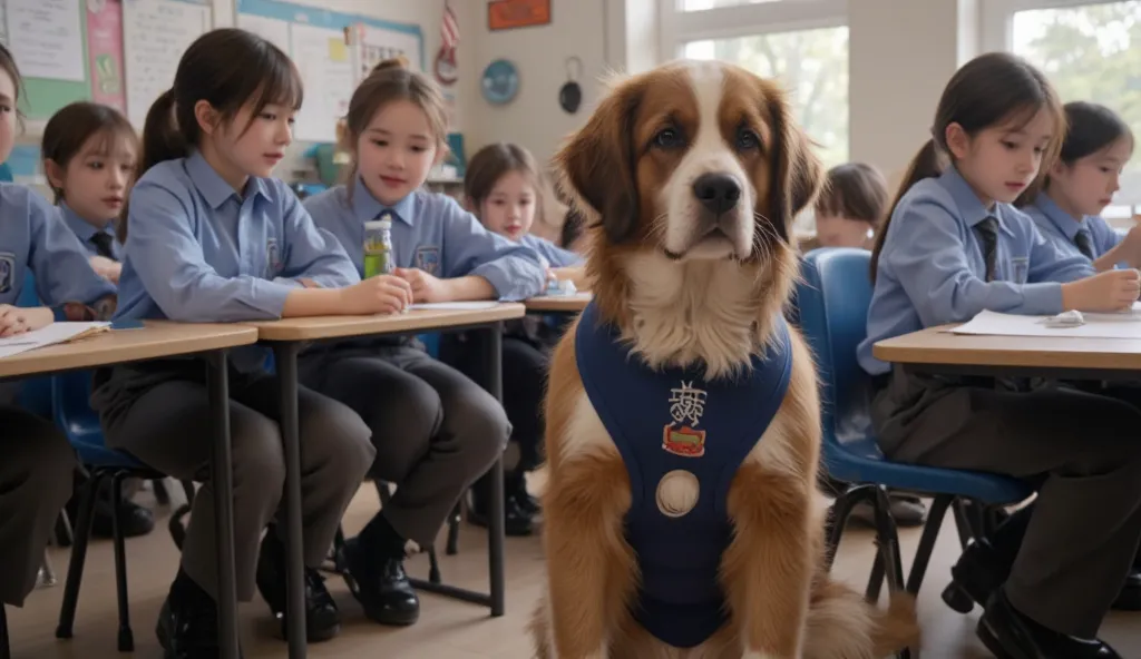 An elementary school classroom filled with young students wearing blue shirts and dark grey trousers. The ren are engaged in their activities, chatting and laughing. In the cozy corner of the room, a st.bernard dog sits calmly, its striped fur glowing unde...