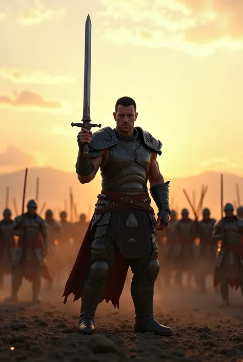 A war ready warrior standing alone against an army with a sword in his hand upside towards the sky.The army rushing towards him