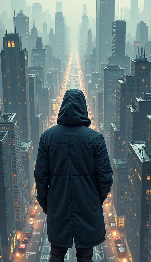  Create an ultra realistic image , em 4k, in drawing,  Comic book style :  A City Seen from Above , a man in cold clothes and a hoodie watching from the top of a building 