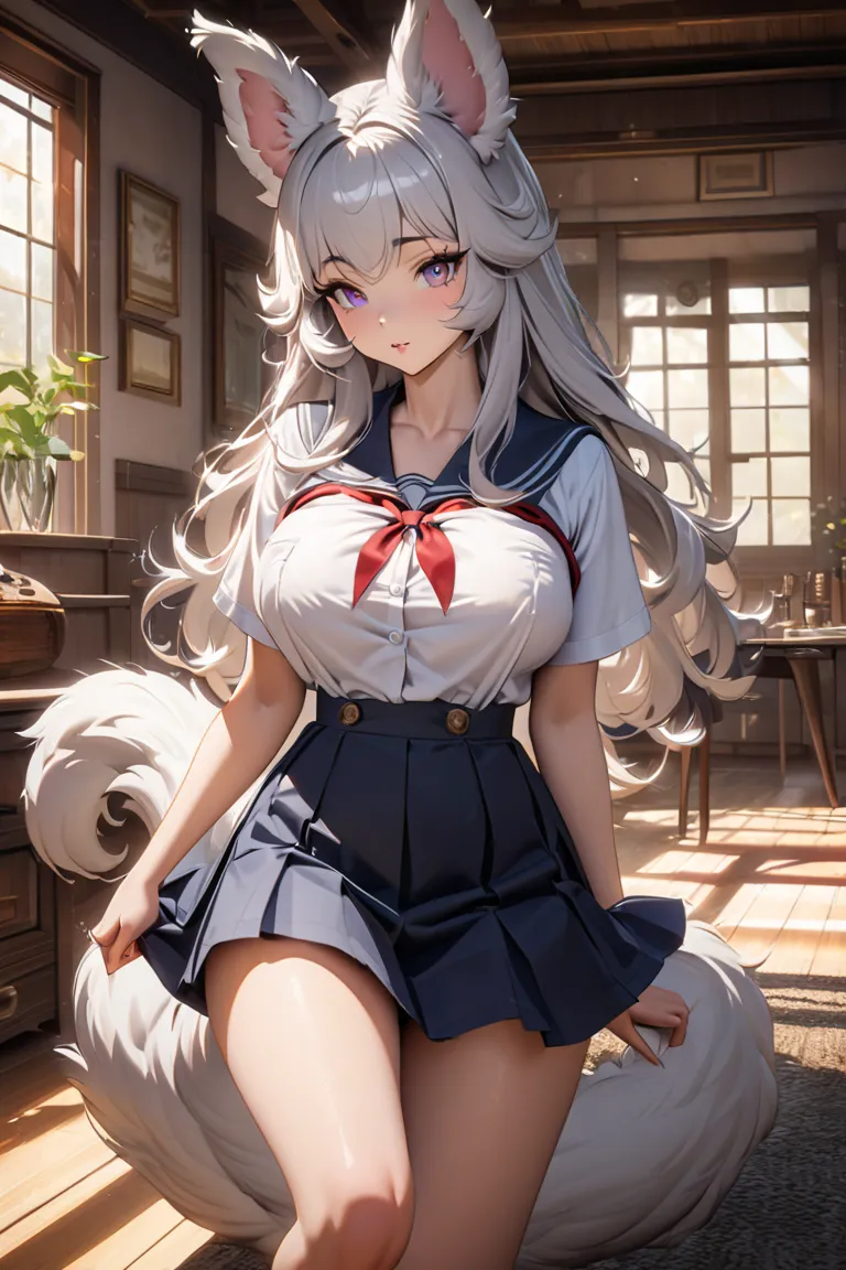  Silver Hair、 Beast Man　Fluffy's ears and tail
indoor　Big Tits 1 Girl　womanhood
school uniform