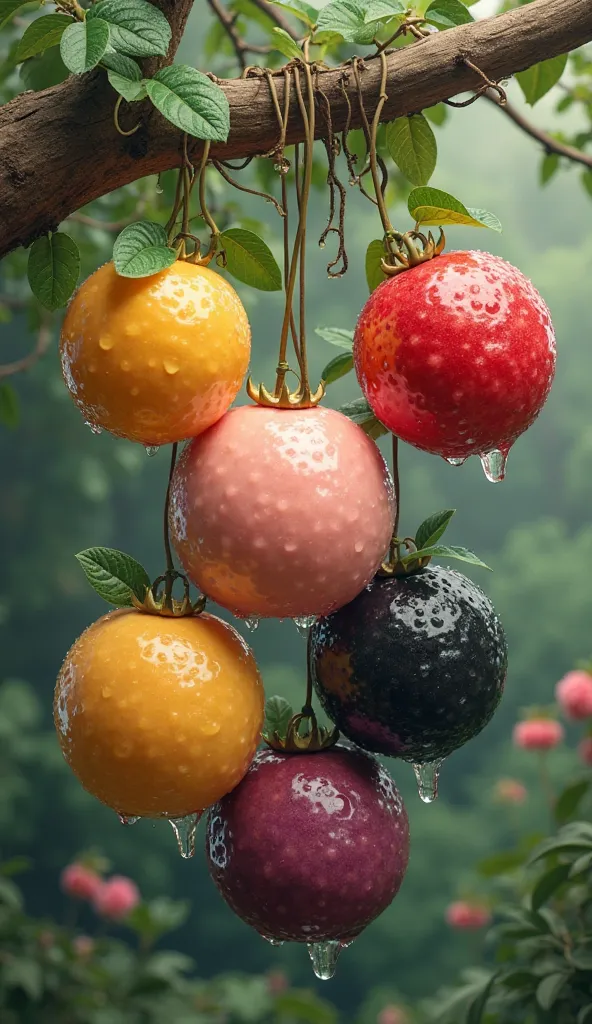 Five different colour very big jujubes are hanging on branch with water drops. One is yellow, one is pink, one is red, one is black, one is purple.