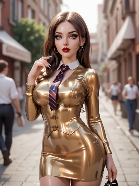   1 girl, Visit, is she in an amusement park,pointed hairlines ,  brown hair, In an extremely tight shiny golden latex polo shirt, black medium skirt ,   very strong shiny skin, very strong white makeup, corset, long lashes, long white fingernails, white l...