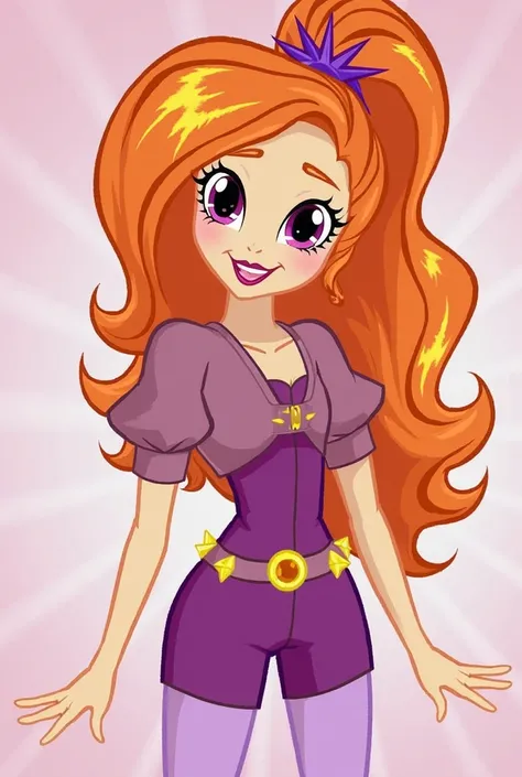 Adagio Dazzle from Equestria Girls She has bright raspberry eyes, long bright orange hair with bright yellow highlights wrapped in a thick ponytail tied with a spiky purple elastic, she wears a mauve purple mini bolero with small puffs at the shoulders ove...