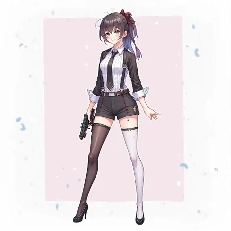 Zenzero、 Genshin、 Resonance、 sexy、full body、standing up picture、 business shirt 、heel、 harness belt、simple background、Clothes that show through the chest、shorts、garter belt、asymmetrical stockings、cool、Vtuber、adult older sister、 see-through tops 、 gun、 grad...