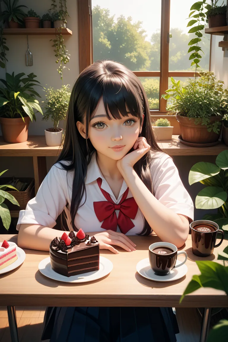 chocolate cake、 coffee、Magic School、high school girl、accessories、window、sunshine、greenhouse、 black hair、after school、