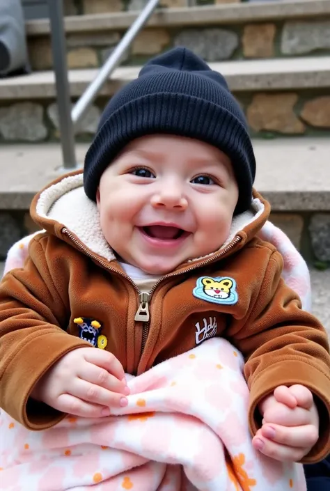 The image features a smiling baby dressed warmly. The baby is wearing a brown, soft, velvety jacket with cartoon cat designs and the text "Little" embroidered on it. A black knit cap covers the baby's head, and the baby is wrapped in a cozy, light pink bla...