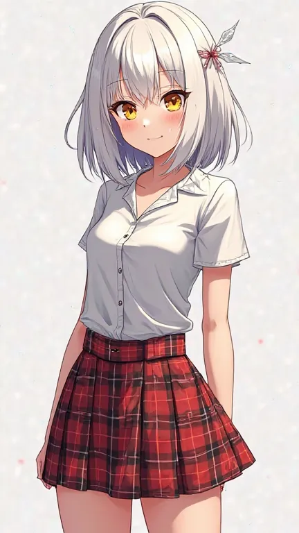 1 woman (appearance: White hair, Yellow eyes, fit physical build, 1,82m ) (Clothing: Suggestive shirt, plaid skirt) (Full Body Plane) anime 2d,  Precise,  super detailed ,  tall details , high resolution image, high-quality image, high definition image, Ch...