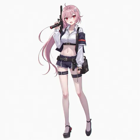 Zenzero、 Genshin、 Resonance、 sexy、full body、standing up picture、 business shirt 、heel、 harness belt、simple background、Clothes that show through the chest、shorts、garter belt、asymmetrical stockings、cool、Vtuber、adult older sister、 see-through tops 、 gun、 grad...