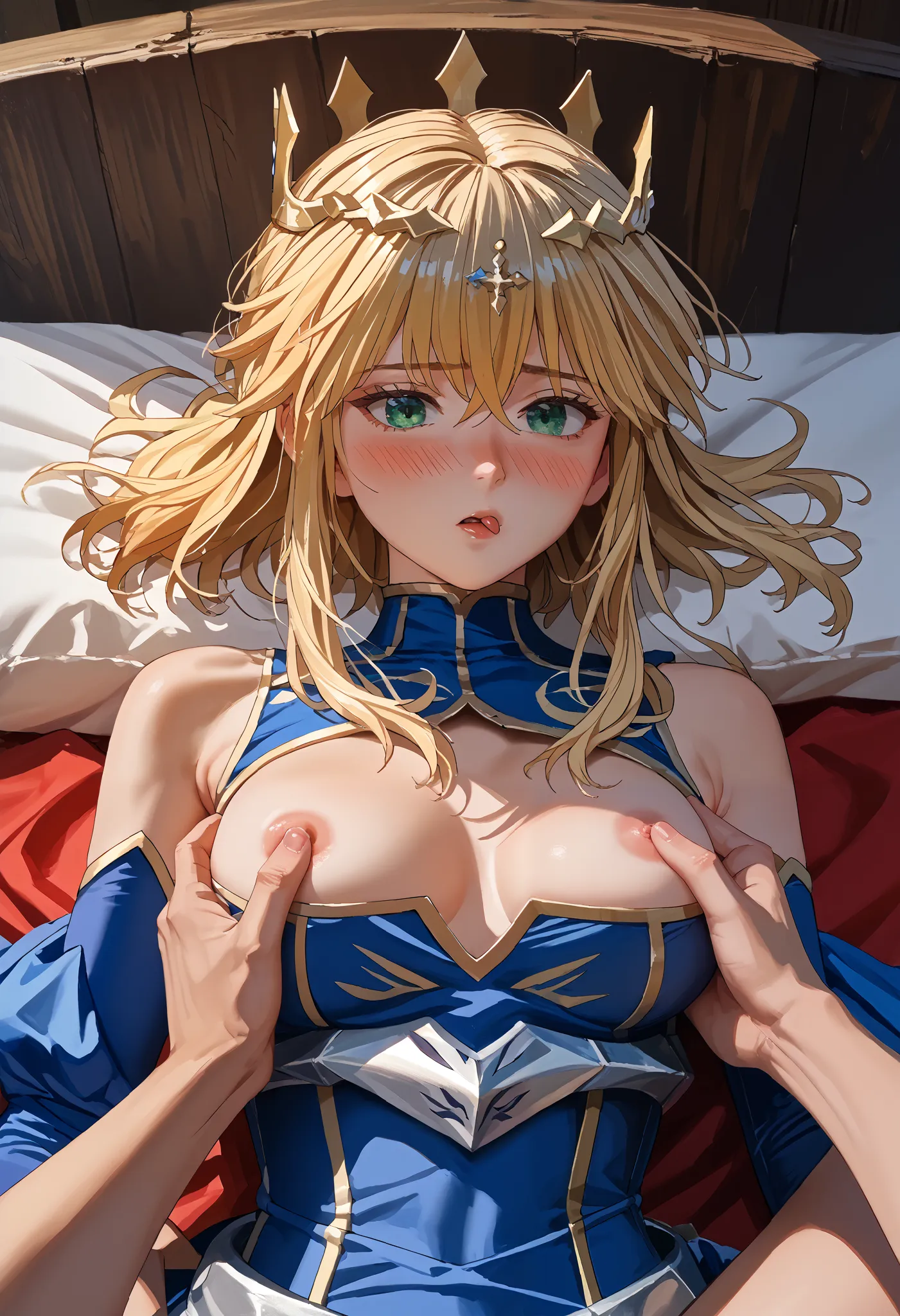 missionary position　　sex　　{{bedroom}}++ 　　blush 　 cool face　　(topless)　(masterpiece,Best Quality,8ｋimage quality） score_9,  score_8_up,  score_7_up,  score_6_up,  source_anime, 1 girl, solo , Swept-apart bangs, stupid hair, (((blond hair))))++, green eyes,...