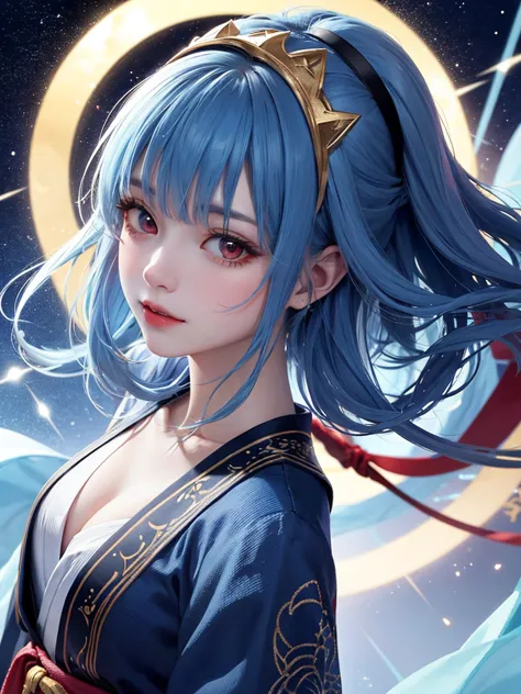 masterpiece，Best Quality，8k，detailed skin texture， detailed cloth texture，beautifully detailed face，complicated details，super detailed，Rei Ayanamiの肖像，Blue Hair， red eyes， black headgear on the head,Pixieカット，Shining Skin Hair Ornaments, gold hair ornament ,...