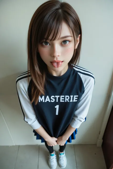 score_9,score_8_up,score_7_up,score_6_up,score_5_up, masterpiece, best_quality, ultra-detailed, masterpiece, 1 girl, 18 yo, freckles, short blond hair, bangs cover eyes, barrette in hair, cheerleader, full body shot, above view,( small little nose:0.6),
B...