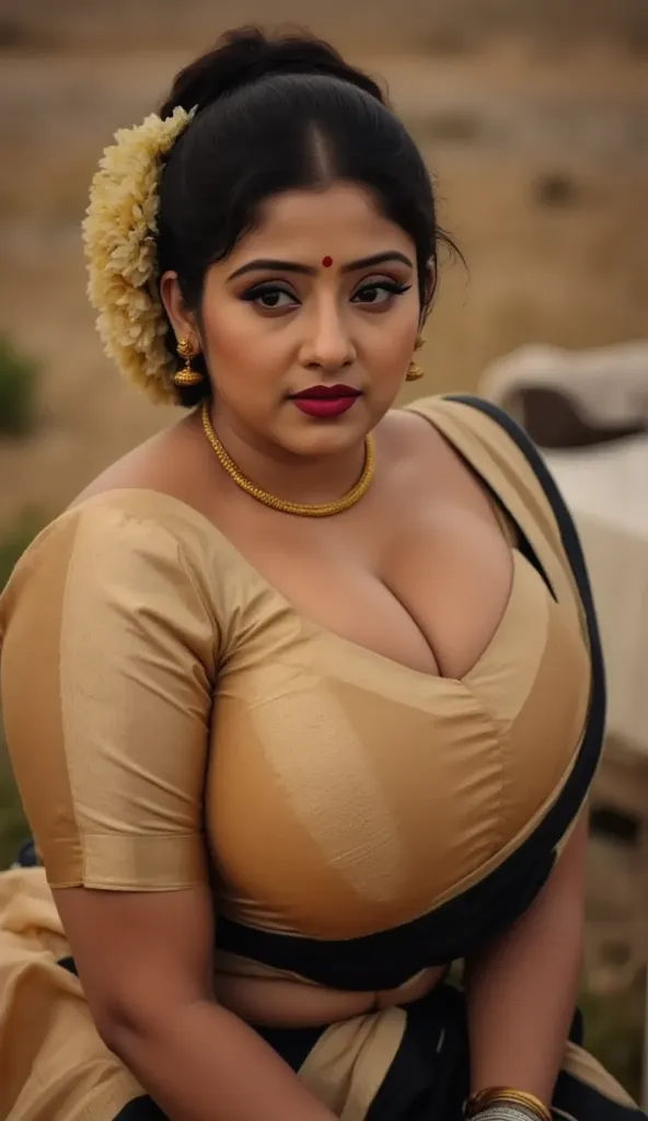 Pov camera view, Indian milf on her knees, looking at camera, with lust in her eyes, black hair tied around, flowers in head,sandal mark on forehead, sindhur on forehead (vermilion mark on forehead in the middle of hair partition,black saree , dark red lip...