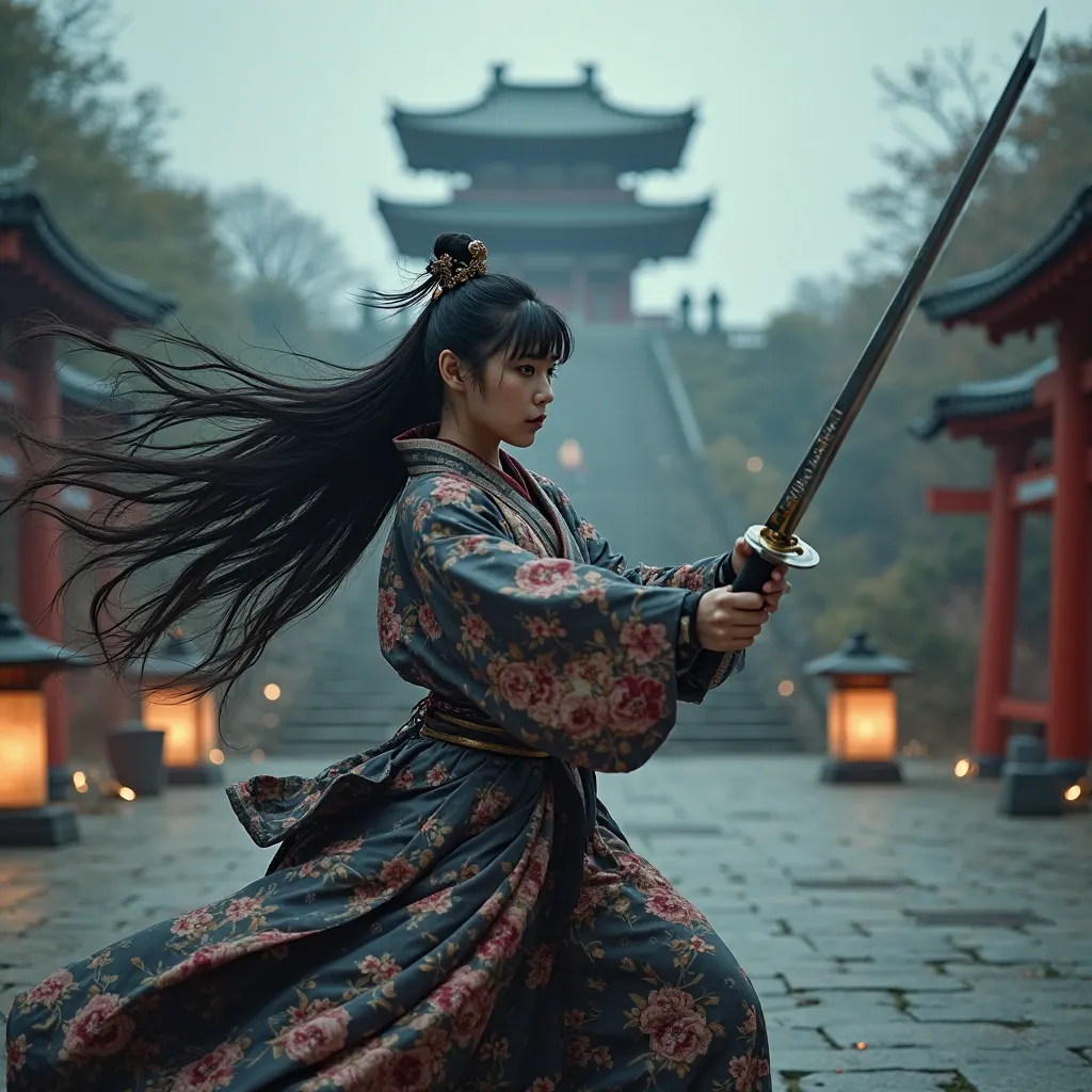 A fierce and elegant female samurai warrior in motion, dynamically swinging her katana. She wears a beautifully detailed kimono with intricate floral patterns, tied with a warrior’s obi. Her long, dark hair is adorned with ornamental hairpins, flowing with...