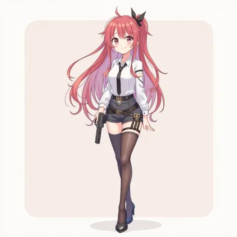 Zenzero、 Genshin、 Resonance、 sexy、full body、standing up picture、 business shirt 、heel、 harness belt、simple background、Clothes that show through the chest、shorts、garter belt、asymmetrical stockings、cool、Vtuber、adult older sister、 see-through tops 、 gun、 grad...