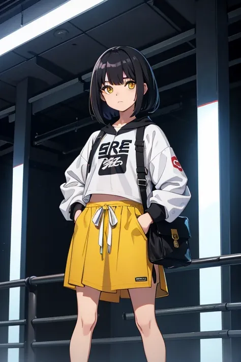  Hi-Res,  boyish,   1 girl,  black hair, Sporty shortcuts,  Asymmetric Hairstyles ,  Asymmetrical bangs,   yellow eyes,  There are three circles in the middle of the eye,  Skater Style Street Fashion, slightly oversized bottoms, standing, futanari, 薄 dark一...