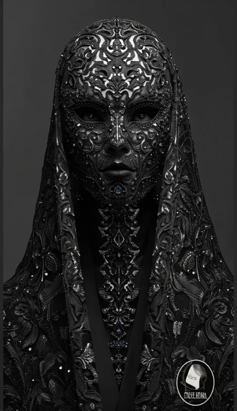  On the dress. The photo shows a woman , dressed in black, The. The garment is decorated with intricate embroidery with floral and geometric patterns, mask covering the head and shoulders on the face is complemented with blue gems. The woman's face is comp...