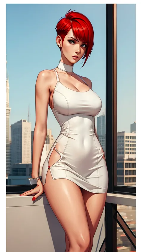 tall woman in white tight minidress, fade cut hair, short spiky hair, high red boots, tight dress, short hem, red panties, red Pixie Cut hair
