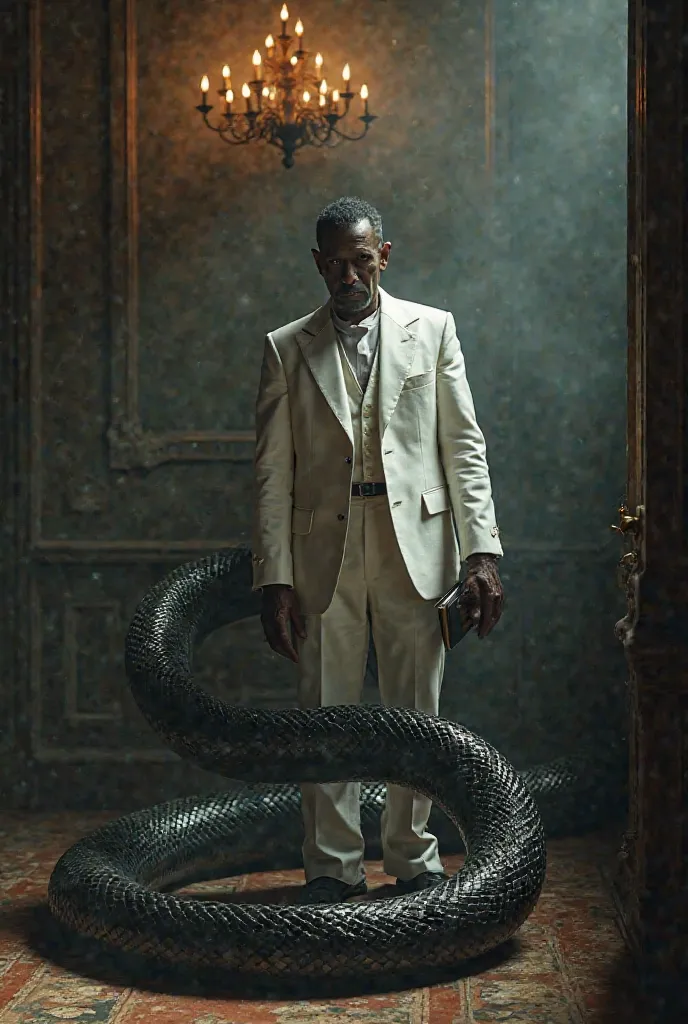 A tall, robust, dark-skinned man of 45-50 years old with severe features. He has short black hair and always wears a neat white suit with a Bible in his hand. When he transforms, he becomes a huge serpent with shiny black scales and a forked tongue., writh...