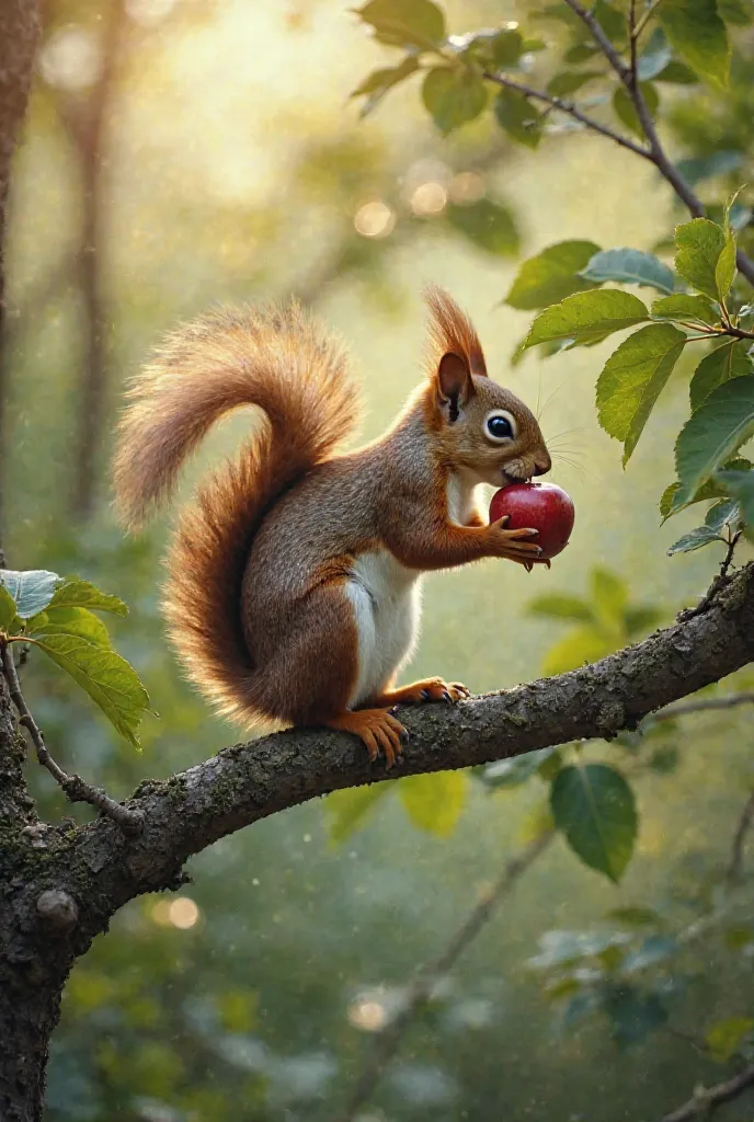 Squirrel eating an apple, perched on a tree branch, green leaves, soft morning light, natural setting, Ultra Realistic, National Geographic, Canon EOS R5, 85mm f/1.4 lens, f/2.8 aperture, early morning, wildlife photography, Kodak Ektar 100 film