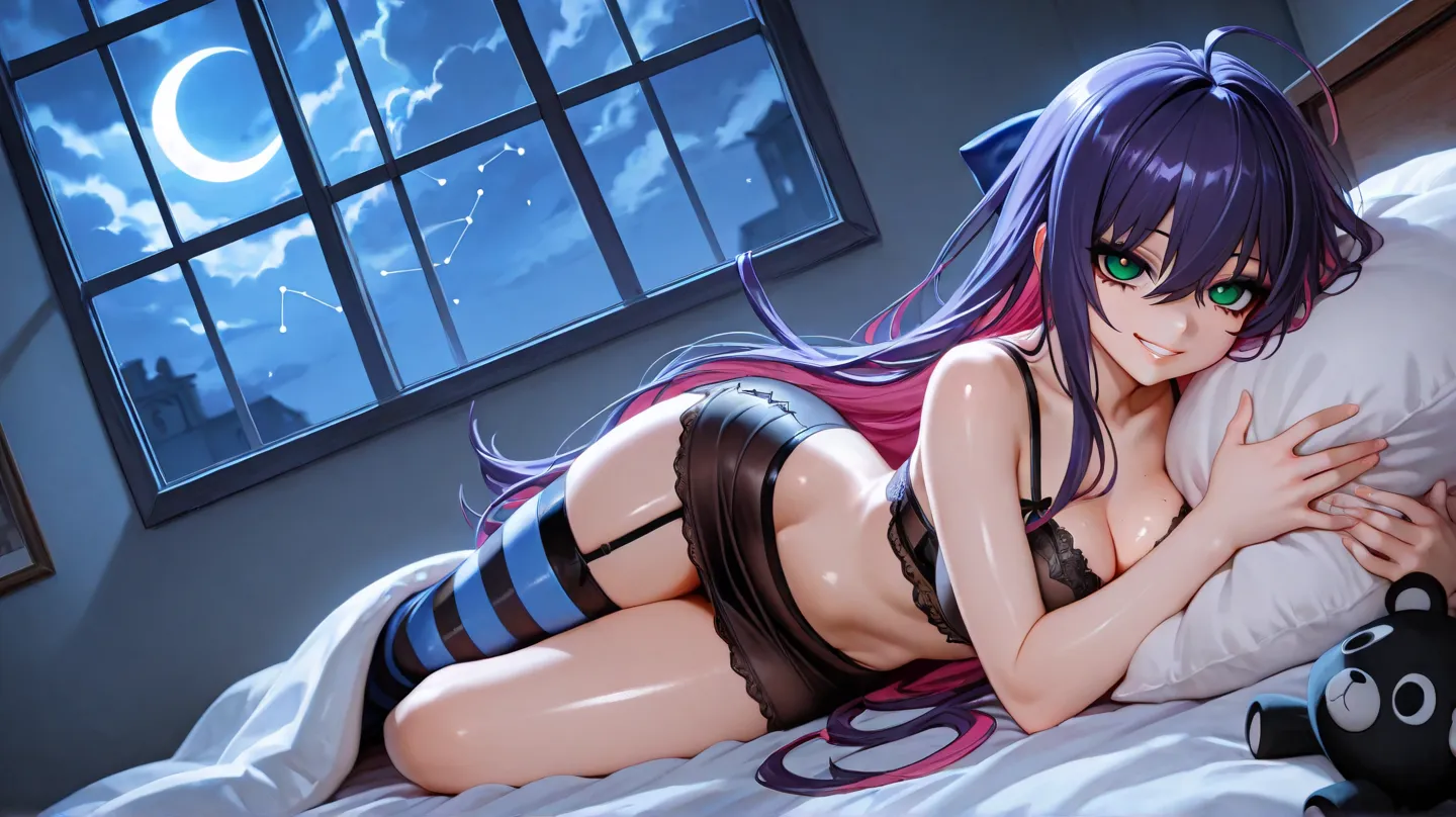  stocking (psg)  a woman sitting on a bed in a room with a window with a pillow on her back and a stuffed animal on her chest, very long hair, ahoge, bangs, pillow hug, under covers,  lips,  moonlight, lingerie, full body, garter belt, garter straps,  dutc...