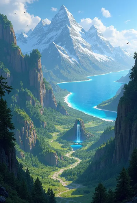 Background for a card in a board game with kingdom, mountain, forest, cave and sea