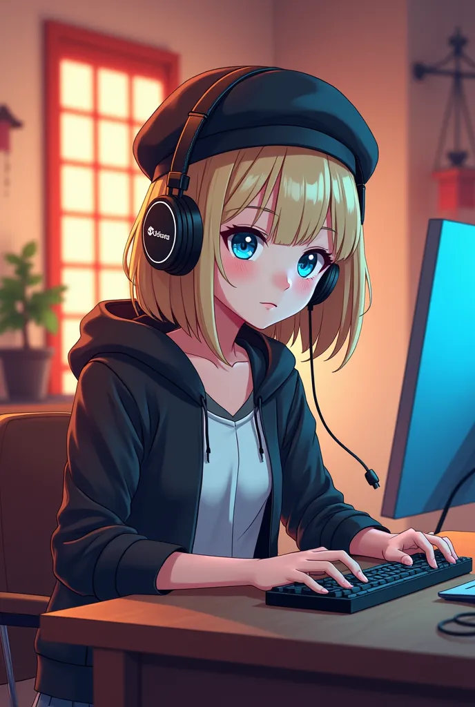 créer moi une image style manga jeux vidéo d'une fille qui joue au sims sur ordinateur. Elle a les cheveux carré brun clair, elle est blonde elle a les yeux bleu. Elle porte un bonnet noir et un casque audio par dessus. sur le bureau il y a des maki. Derri...