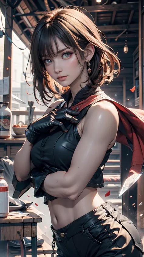 1 girl,jet,Asian Face, white hair, short hair,black gloves, shoulder pad,  black pants , Cropped Sleeveless Jacket, serious expression, crouched, ( ninja pose ),dynamic pose,Knei Knife, Hardless ,Wind effect,Strong Wind Around the Body,masterpiece,Extremel...