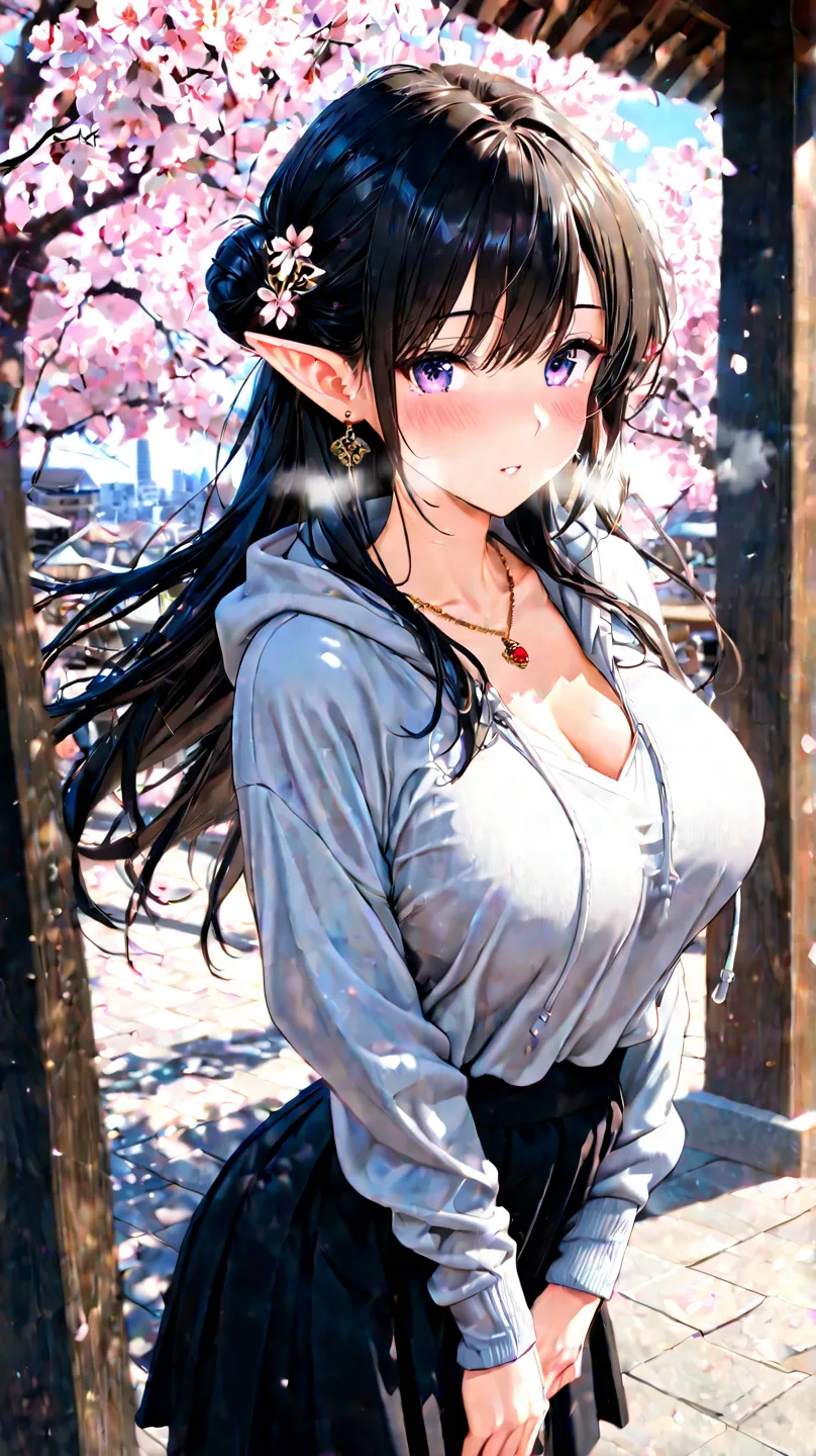 masterpiece, best quality、Ultra High Definition、 golden ratio、dramatic、side angle、the cityscape of ancient Kyoto、 cherry blossoms at night、The most attractive ever、super beautiful、Beautiful breasts、 black hair、((romantic low bun)),hair ornament, flower acc...