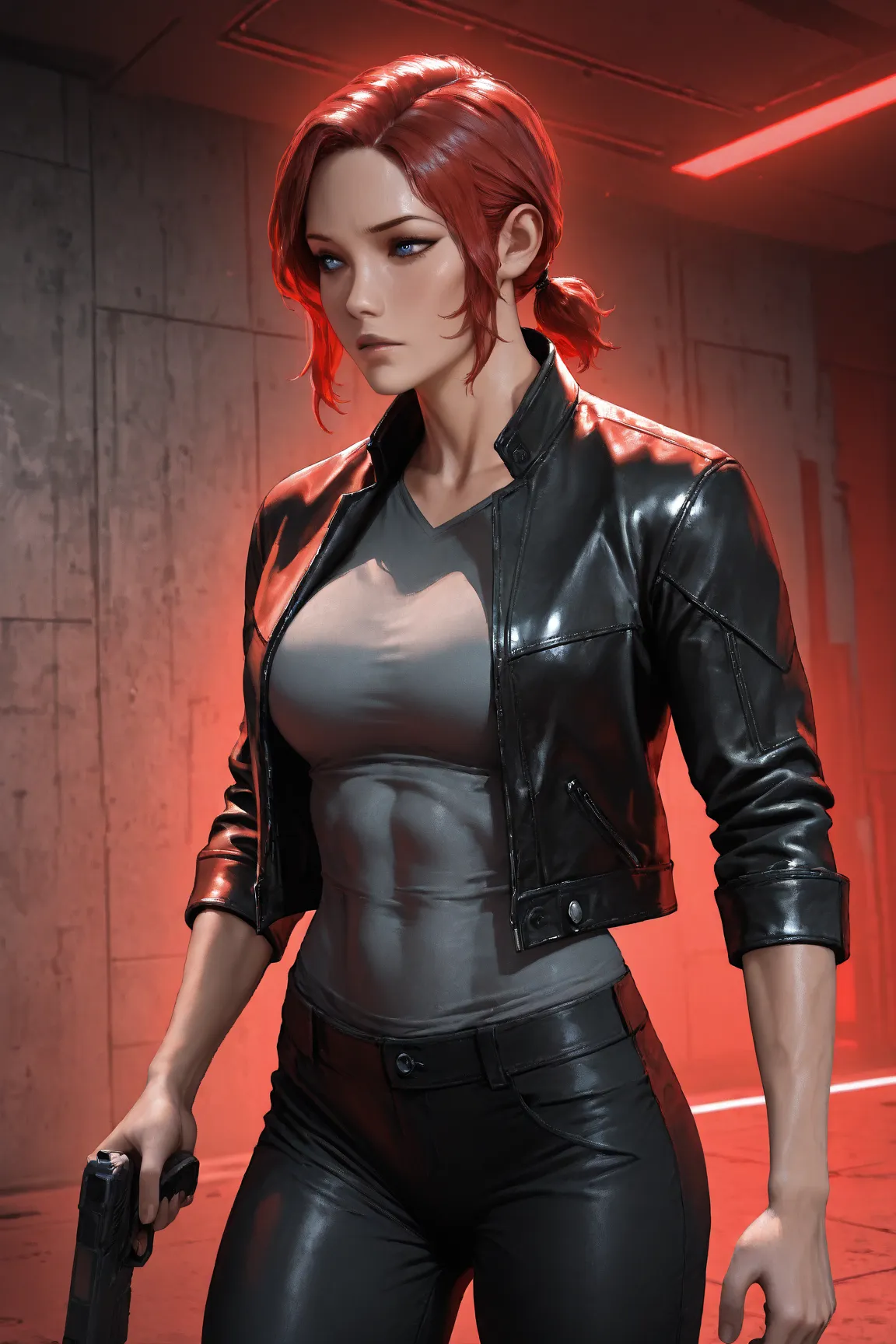 Photorealistic, photography, 1girl, solo, Controljess1, slim and toned, red hair, sapphire blue eyes, low ponytail, short ponytail, black leather jacket, tight grey shirt, tight black pants, holding matte black pistol, flying, concrete brutalist architectu...