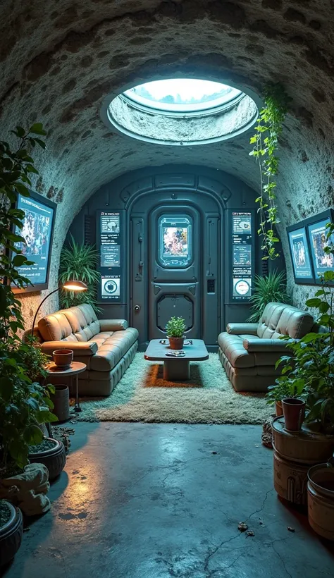 A futuristic underground survival bunker filled with high-tech features. The space includes advanced air filtration systems, stocked food supplies, a hydroponic farm growing fresh vegetables, and a luxury living area with expensive furniture. LED screens d...