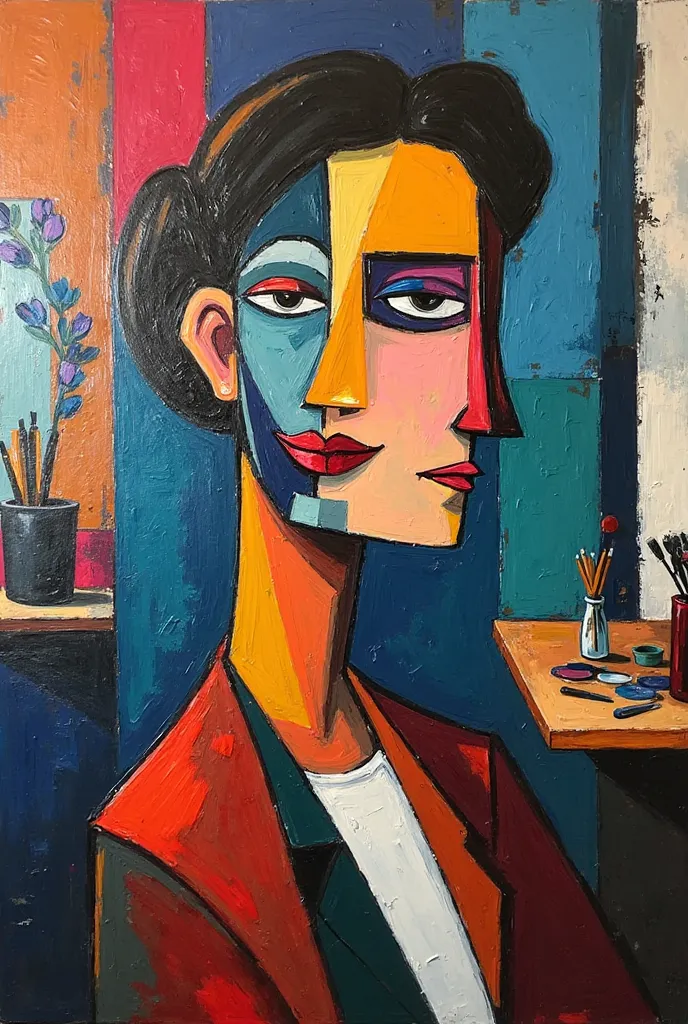 Portrait cubism painting with interior paints