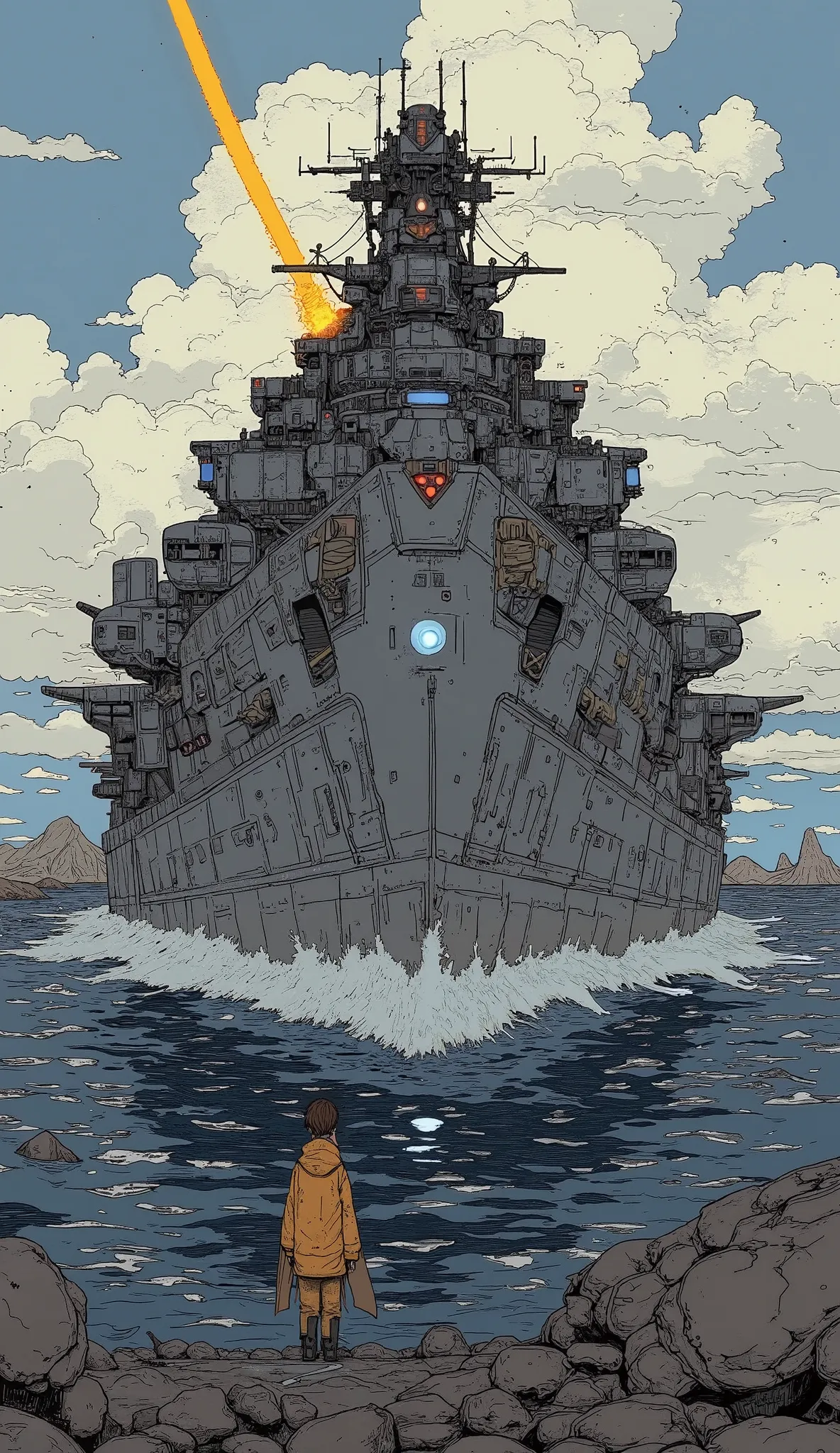 Close up of a large battleship with rays coming out, Concept Art by Yoshiyuki Tomino , pixiv contest winner,  Digital Art , Yamato, realistic warship design, Destroyed ship,  Ghibli Mebius , Konpeki no Kantai , , warship, Dreadnought, Last Exile Anime , ye...