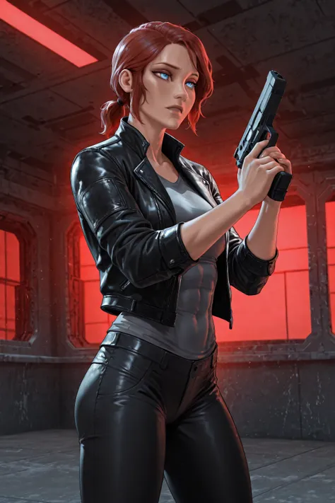 Photorealistic, photography, 1girl, solo, Controljess1, slim and toned, red hair, sapphire blue eyes, low ponytail, short ponytail, black leather jacket, tight grey shirt, tight black pants, holding matte black pistol, flying, concrete brutalist architectu...