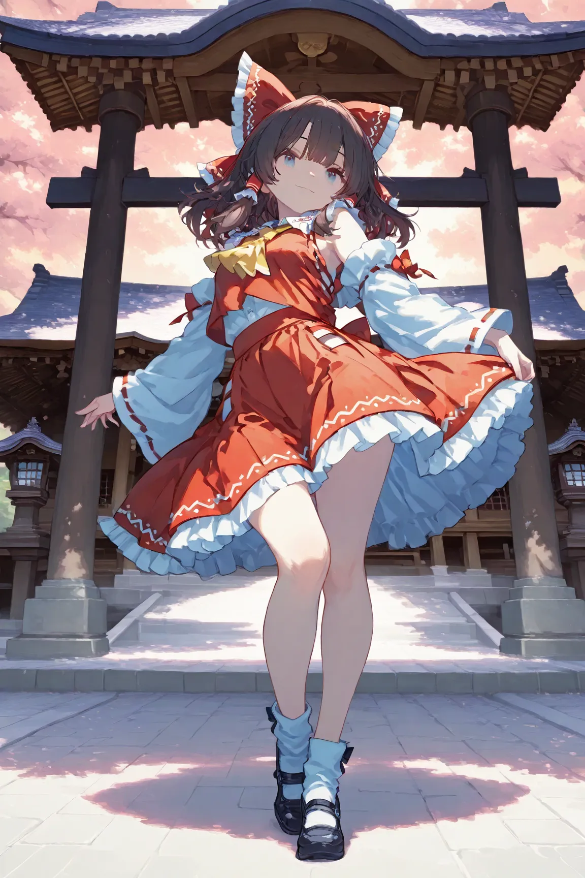 trk,pastel,illustration,1girl\(rem \(hakurei reimu,cyan eyes,light smile,(dynamic pose:0.25) ,fullbody\),Background of a shrine split by cherry blossom trees,masterpiece, best quality, 8k, highres, ultra-detailed,HDR, UHD, professional, vivid colors