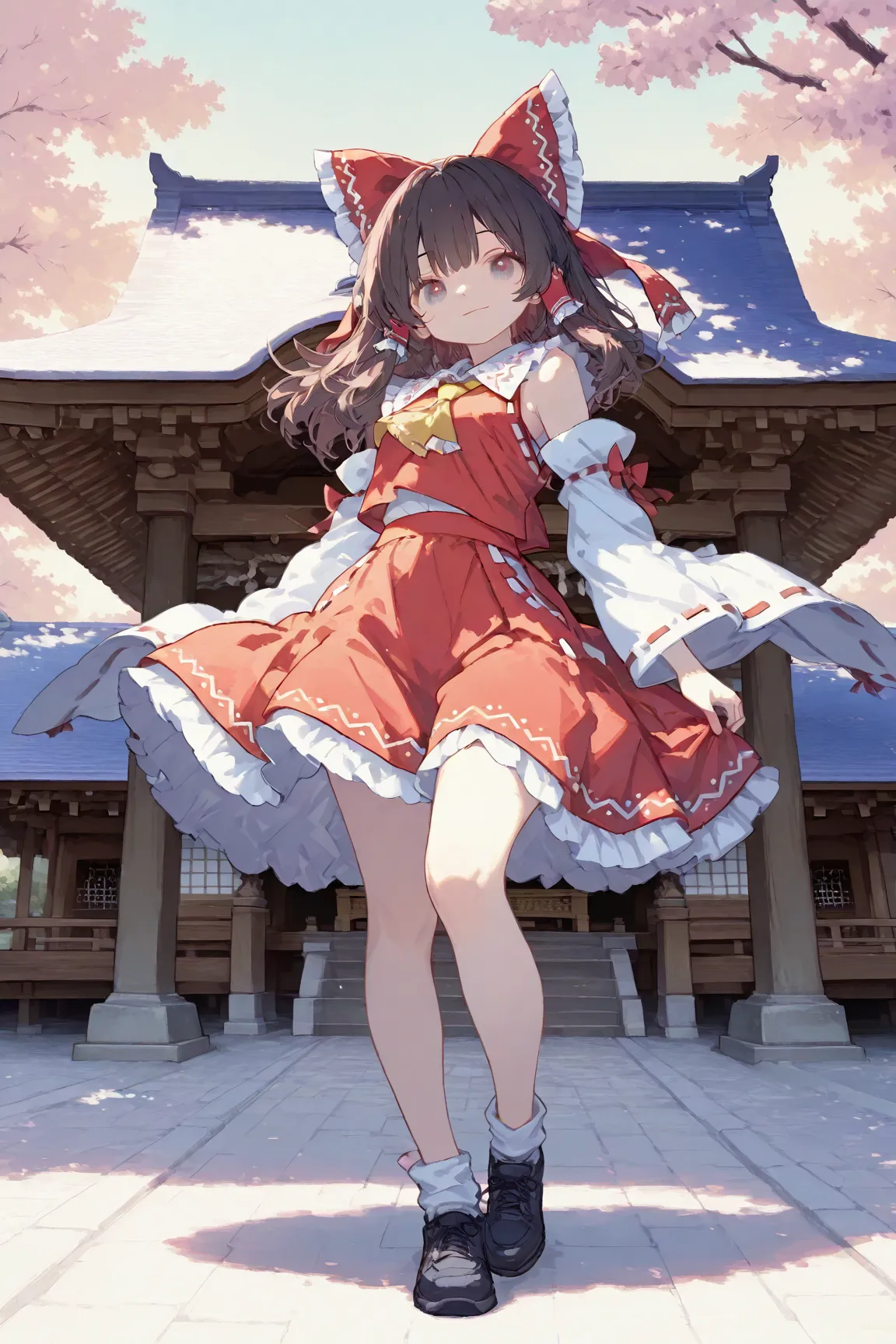 trk,pastel,illustration,1girl\(rem \(hakurei reimu,cyan eyes,light smile,(dynamic pose:0.25) ,fullbody\),Background of a shrine split by cherry blossom trees,masterpiece, best quality, 8k, highres, ultra-detailed,HDR, UHD, professional, vivid colors