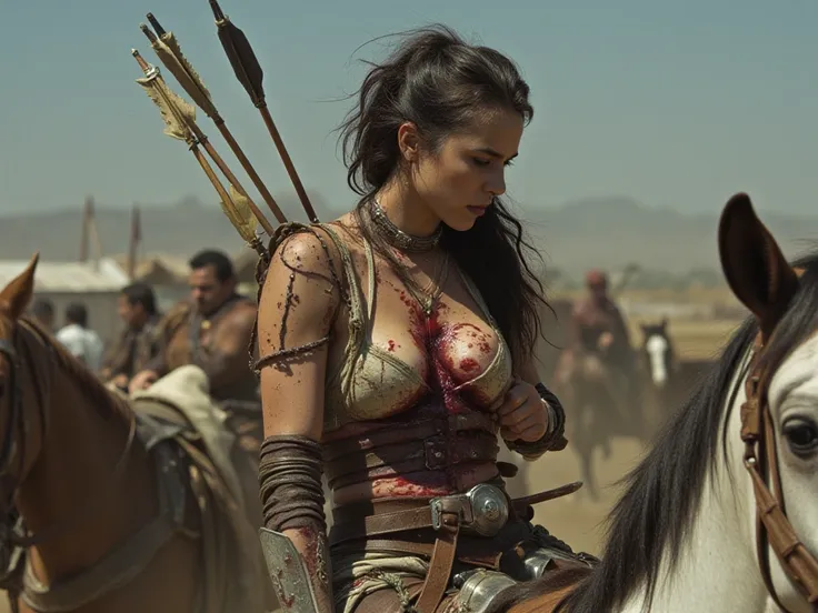 female warrior wearing revealing clothing and light leather armor sitting weakly on horseback slouching forwards. Multiple arrows embeded in her chest, multiple arrows plunged into her breast, multiple arrows in her chest, she is profusely bleeding from he...