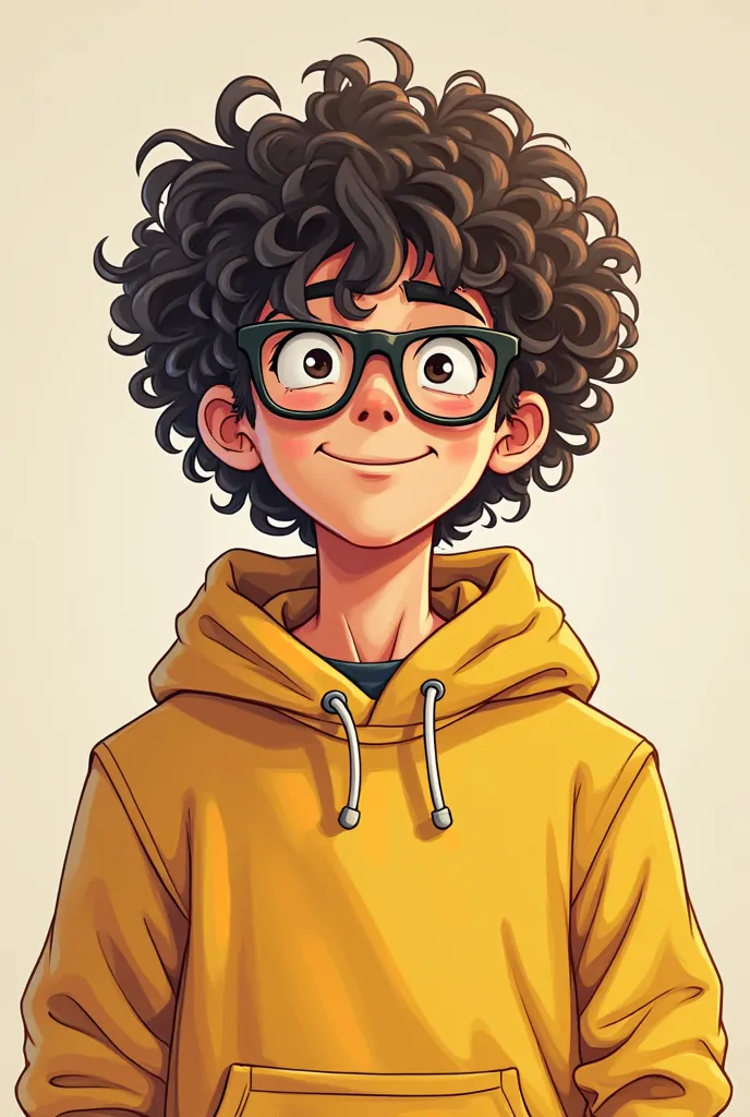 draw a fifteen-year-old boy with mild autism, black glasses , curly hair/Moves not too long but very messy, average height , With a yellow sweatshirt/ocra without a hood cheering for the fantasy football victory a bit in the flesh